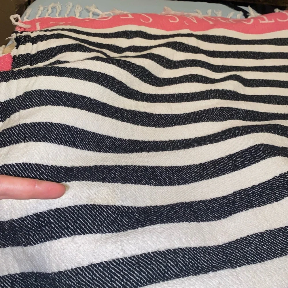 Victoria Secret Pink White Black Striped Fringe Beach Towel